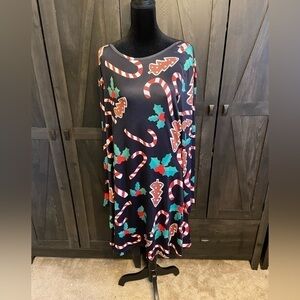 Christmas Black Candy Cane Holly Trees Print Long Sleeved Shift Dress Si…